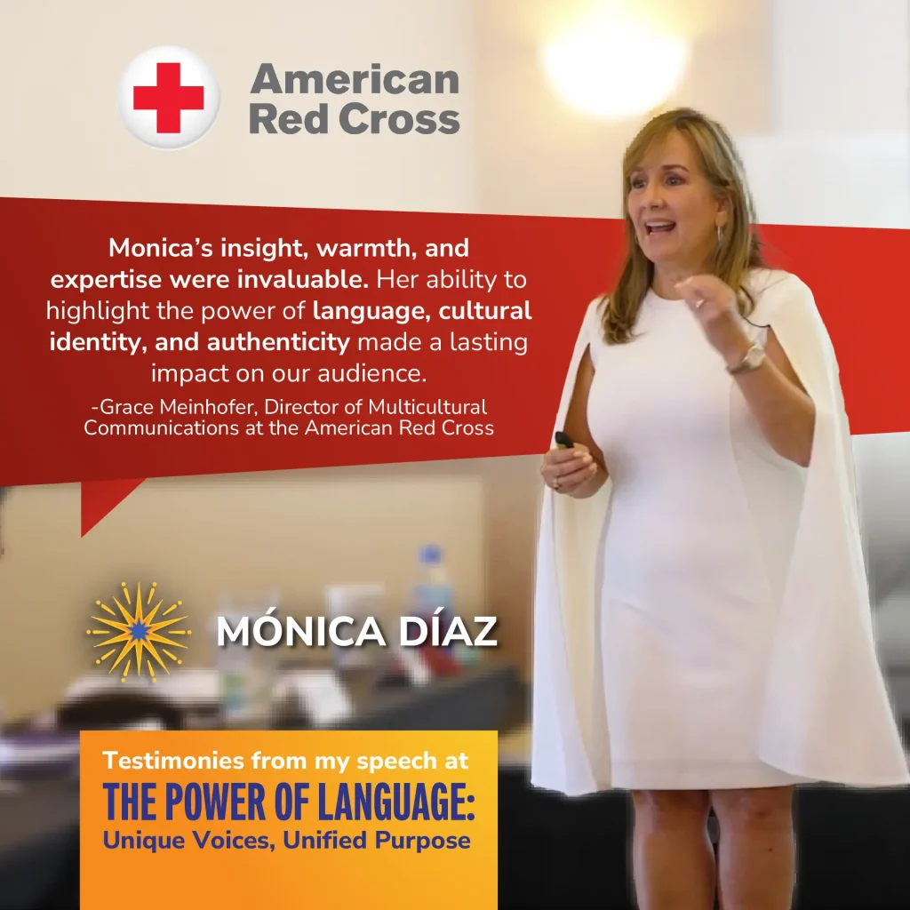 Monica Díaz delivering her ‘Power of Language’ keynote for the American Red Cross, with a testimonial overlay from Grace Meinhofer