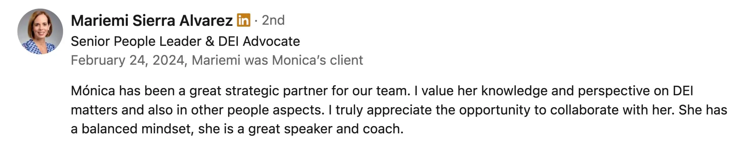 LinkedIn recommendation from Mariemi Sierra Alvarez for Monica Díaz’s consulting