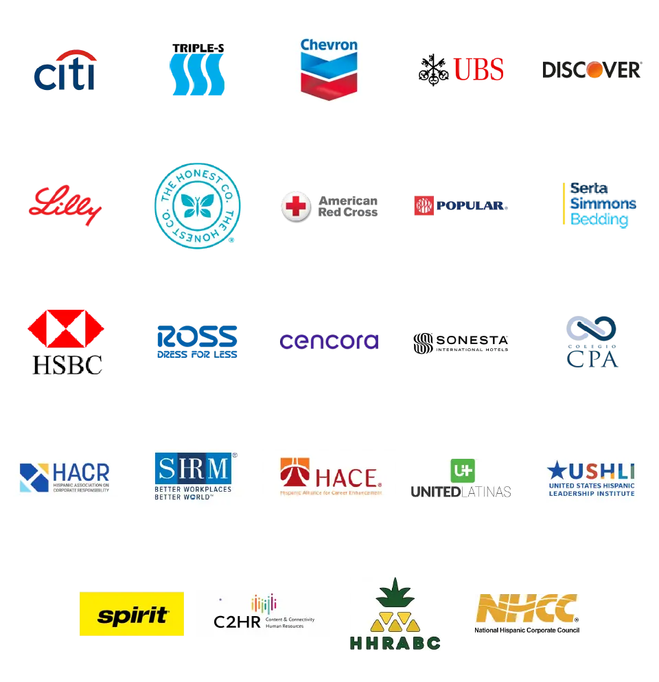Logos of client organizations including Citi, Triple-S, Chevron, UBS, Discover, Lilly, The Honest Co., American Red Cross, Popular, Serta Simmons