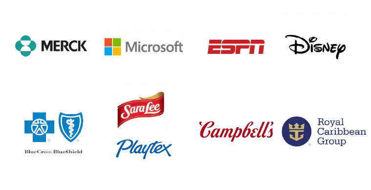 Logos of client organizations including Merck, Microsoft, ESPN, Disney, BlueCross BlueShield, SaraLee, Playtex, Campbell’s, Royal Caribbean