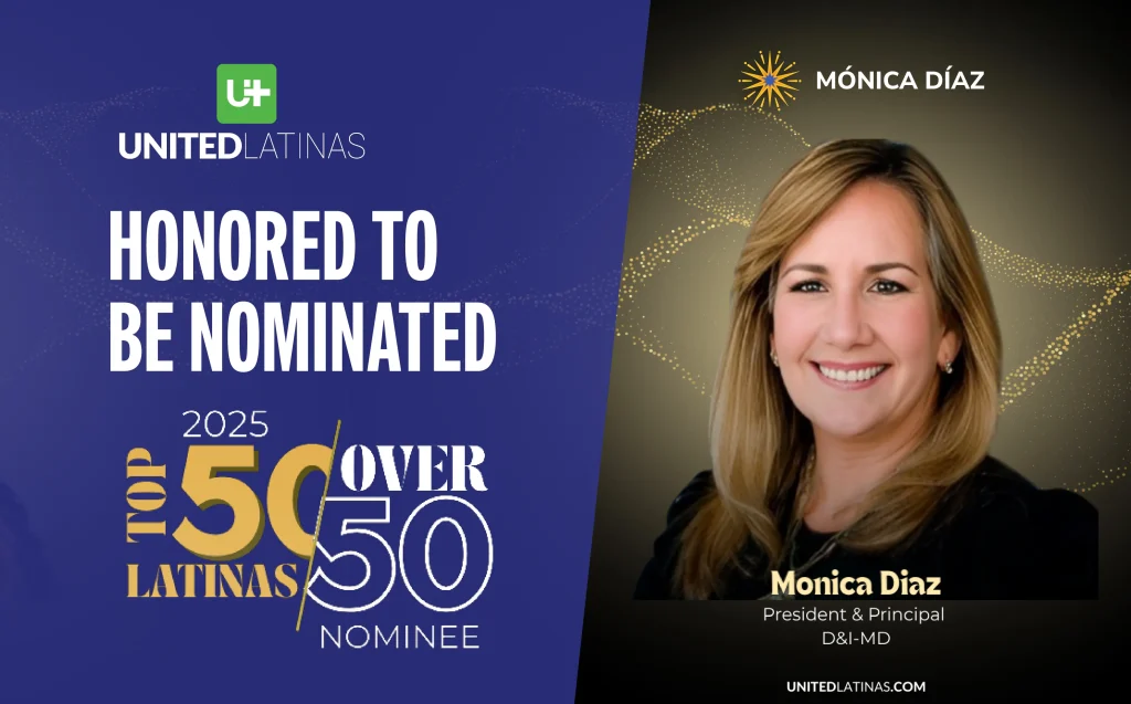Smiling Latina leader in a formal portrait beside the United Latinas “Top 50 Over 50” nominee badge, 2025.