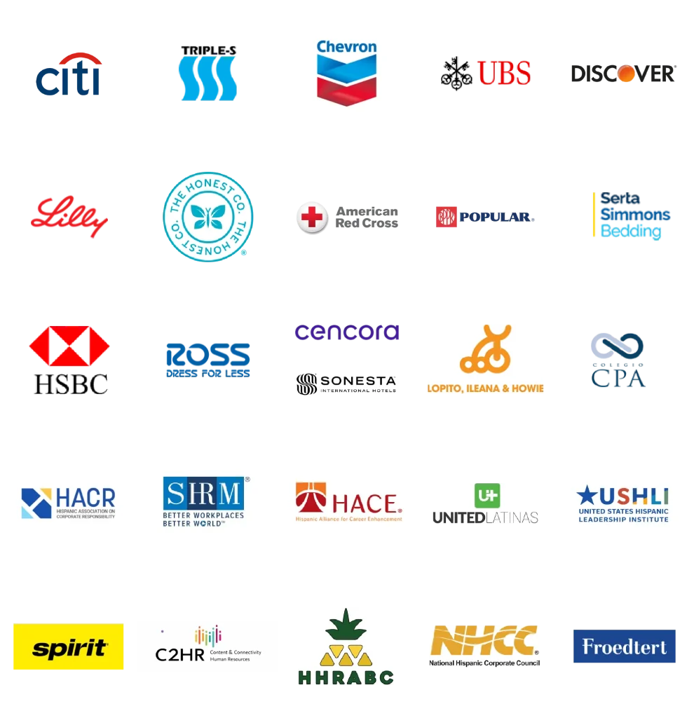 Logos of client organizations including Citi, Triple-S, Chevron, UBS, Discover, Lilly, The Honest Co., American Red Cross, Popular, Serta Simmons